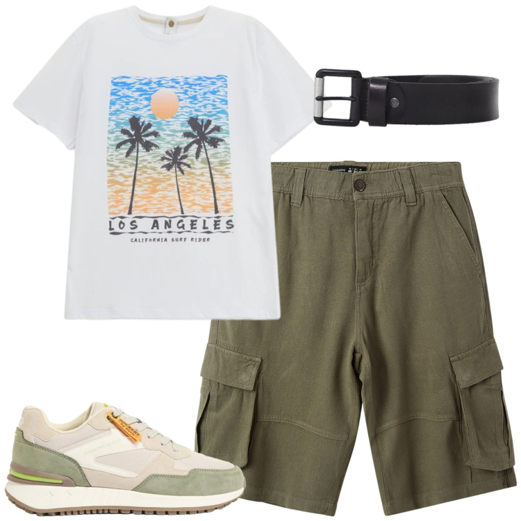 Outfit uomo - Energy drink. Stile Casual per Tutti i giorni. Abbinamento con sneakers, bermuda, t-shirt, cinture.