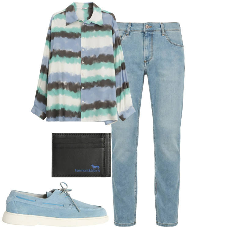 Outfit uomo - City. Stile Trendy per Tutti i giorni. Abbinamento con camicie, jeans slim fit, portafogli, scarpe stringate.