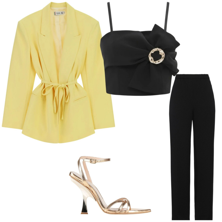 Outfit donna - Per una serata fuori. Stile Trendy per Serata fuori. Abbinamento con pantaloni, sandali in pelle, top, blazer.