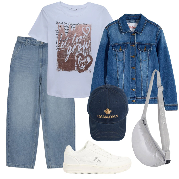 Outfit donna - Total look #2391376. Stile Casual per Tutti i giorni. Abbinamento con blazer, sneakers, t-shirt, jeans dritti, borse a tracolla, berretti.