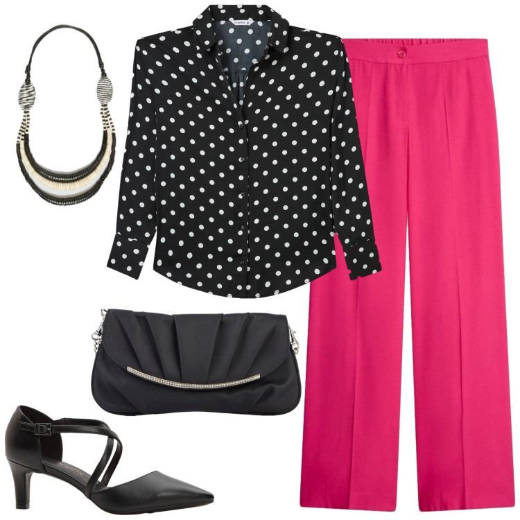 Outfit donna - Pois & Fucsia Power. Stile Casual chic per Serata fuori. Abbinamento con décolleté, pantaloni, clutch, camicie, reggiseni, collane.