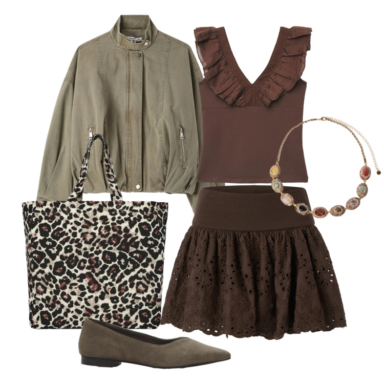Outfit donna - Aprile. Stile Trendy per Tutti i giorni. Abbinamento con ballerine, top, bomber, minigonne, shopping bag, collane.
