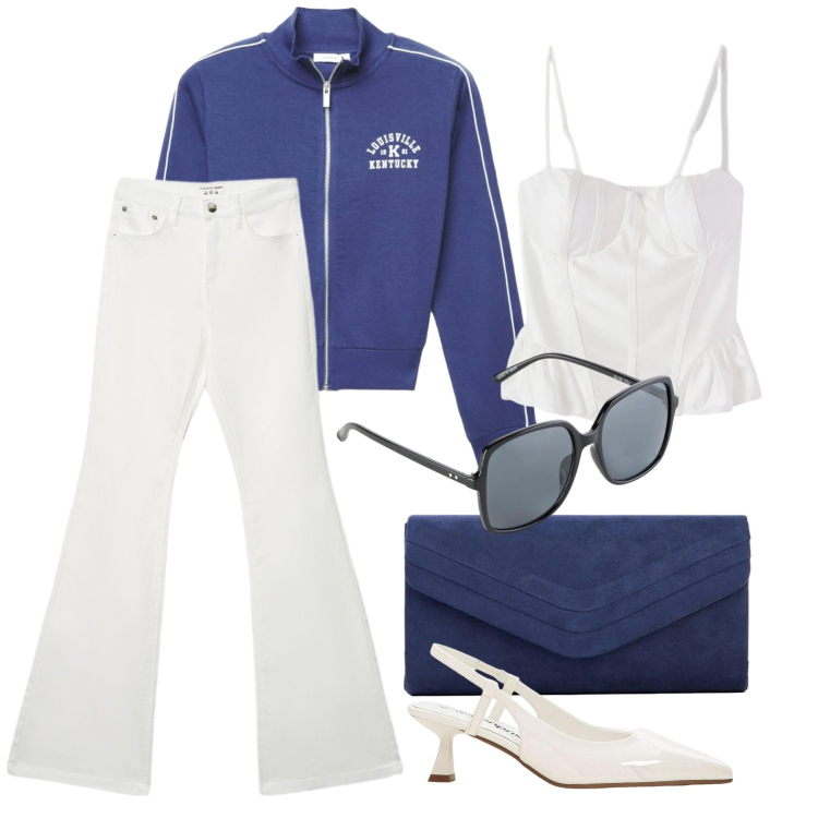 Outfit donna - Aprile. Stile Sporty chic per Tutti i giorni. Abbinamento con décolleté, occhiali da sole, clutch, jeans a zampa, felpe, top.