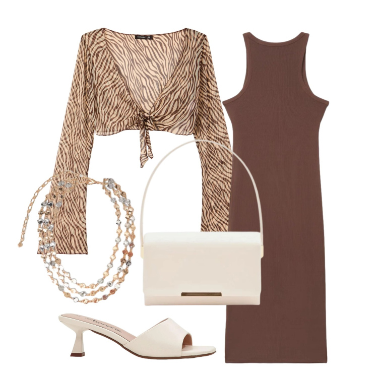 Outfit donna - Aprile. Stile Glamour per Tutti i giorni. Abbinamento con ciabatte, blazer, vestiti lunghi, pochette, collane.