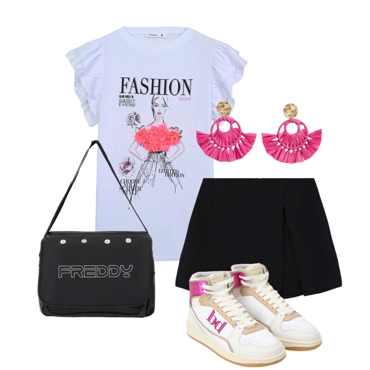 Outfit donna - Total look #2391448. Stile Casual chic per Tutti i giorni. Abbinamento con orecchini, t-shirt, minigonne, sneakers alte, borse messenger.