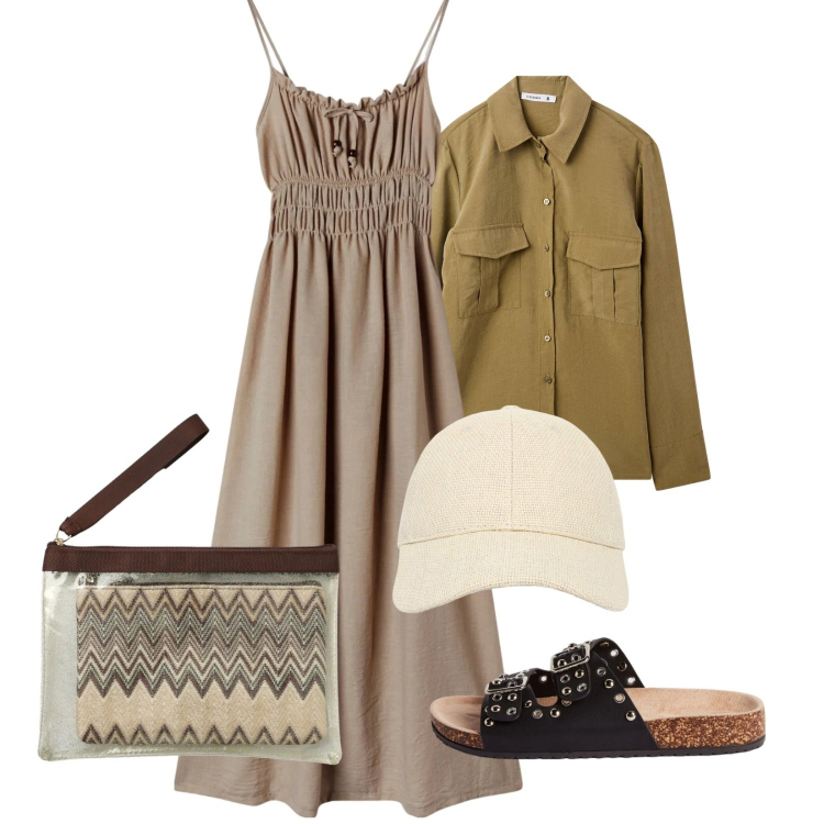 Outfit donna - Total look #2391450. Stile Casual per Tutti i giorni. Abbinamento con cappelli con visiera, ciabatte, vestiti lunghi, camicie, pochette.