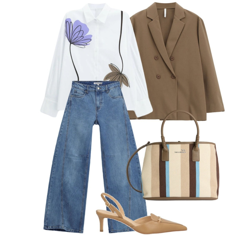 Outfit donna - Jeans per la primavera. Stile Casual chic per Tutti i giorni. Abbinamento con décolleté, shopping bag, jeans, blazer, camicie.