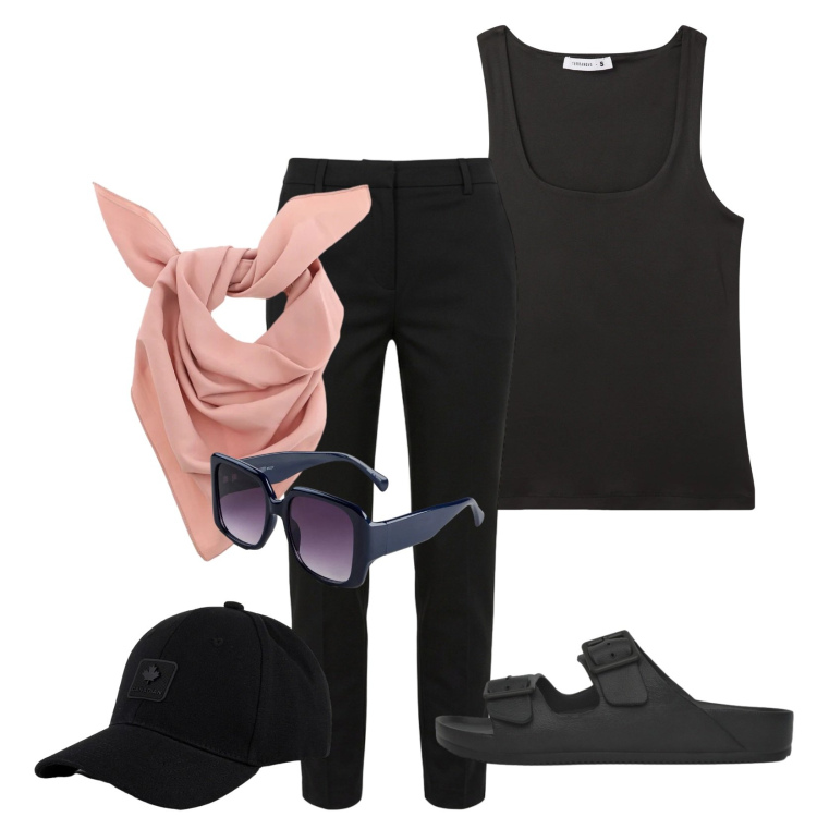 Outfit donna - Total look #2391452. Stile Sporty chic per Tutti i giorni. Abbinamento con occhiali da sole, canottiere, ciabatte, pantaloni skinny, foulard, cappelli con visiera.