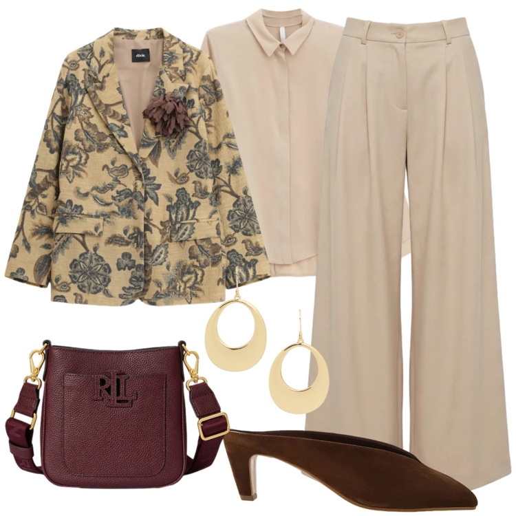 Outfit donna - Blazer damascato. Stile Glamour per Tutti i giorni. Abbinamento con pantaloni, camicie, sabot, blazer, borse a tracolla, orecchini.