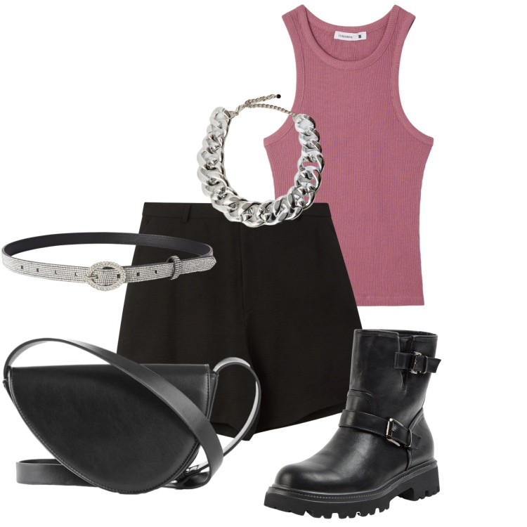 Outfit donna - Total look #2391466. Stile Urban per Tutti i giorni. Abbinamento con borse a tracolla, stivaletti, shorts, cinture, canottiere, collane.