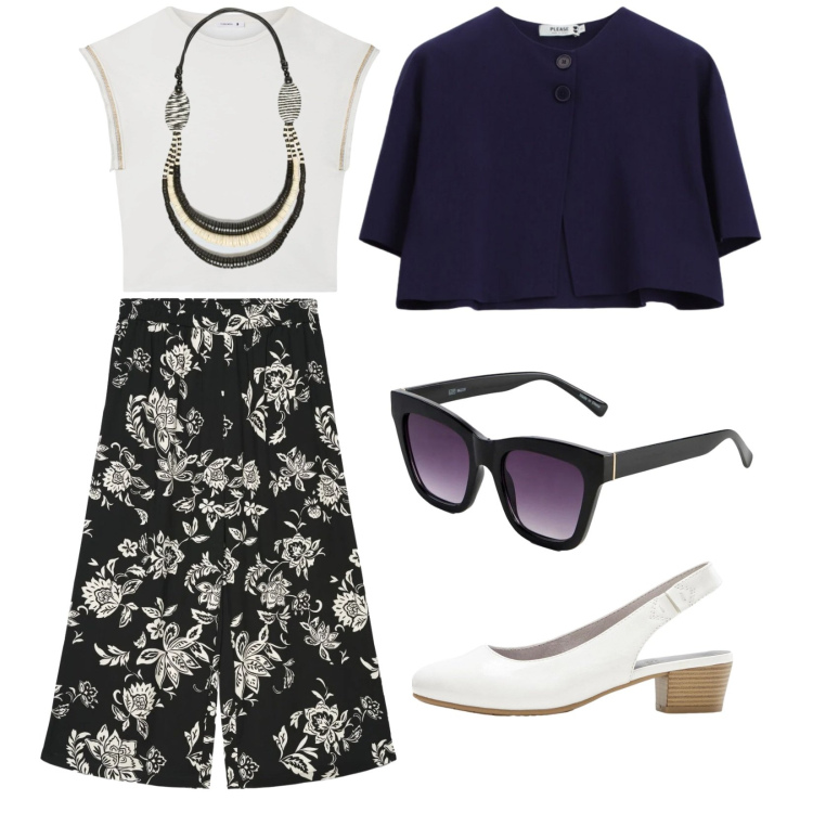 Outfit donna - Domenica mattina. Stile Casual chic per Tutti i giorni. Abbinamento con décolleté, occhiali da sole, t-shirt, pantaloni a palazzo, collane, cappotti.