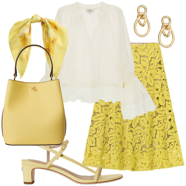 Outfit donna - Dolcemente vivace. Stile Vintage retrò per Tutti i giorni. Abbinamento con gonne longuette, camicie, orecchini, borse a secchiello, foulard, sandali in pelle.