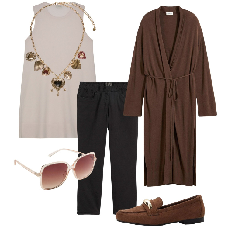 Outfit donna - La blusa lunga. Stile Casual chic per Tutti i giorni. Abbinamento con pantaloni, cappotti, occhiali da sole, mocassini, collane, bluse.