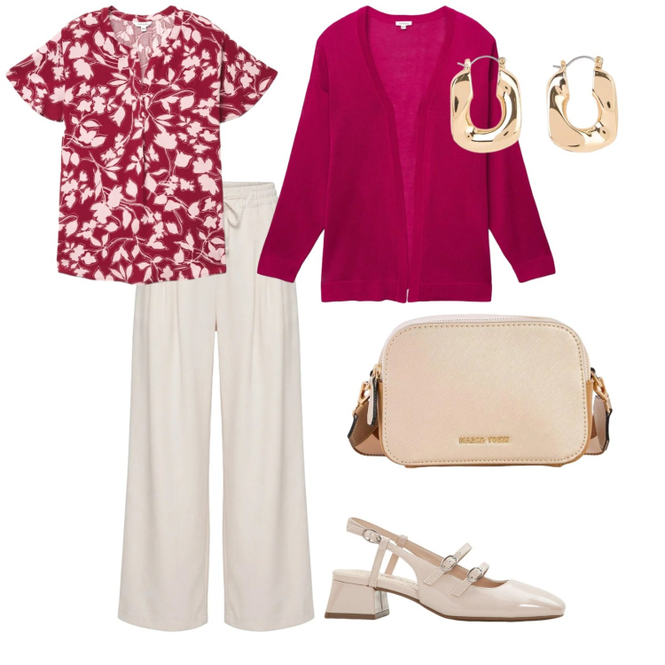 Outfit donna - Maggio in fiore. per Tutti i giorni. Abbinamento con décolleté, borse a tracolla, orecchini, pantaloni, cardigans, bluse.