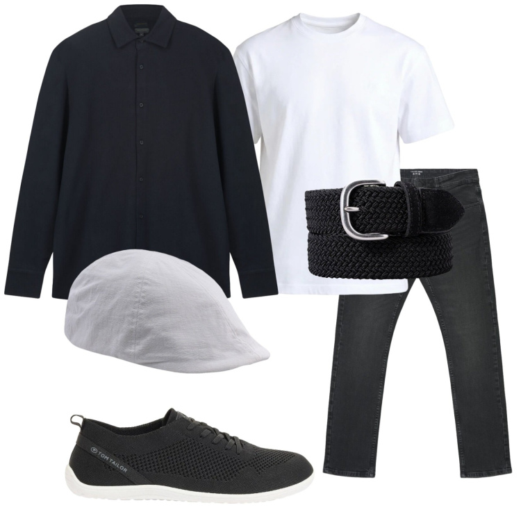 Outfit uomo - Black and White. Stile Casual per Tutti i giorni. Abbinamento con sneakers, jeans, t-shirt, polo, cappelli con visiera, cinture.