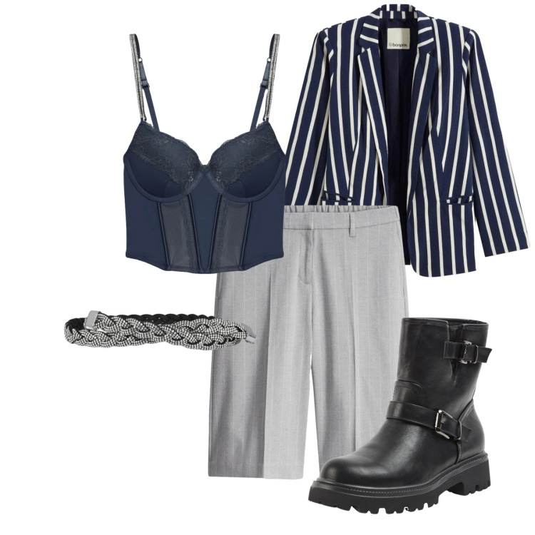 Outfit donna - Total look #2391476. Stile Casual chic per Scuola/Università. Abbinamento con blazer, bermuda, stivaletti, cinture, bralette.