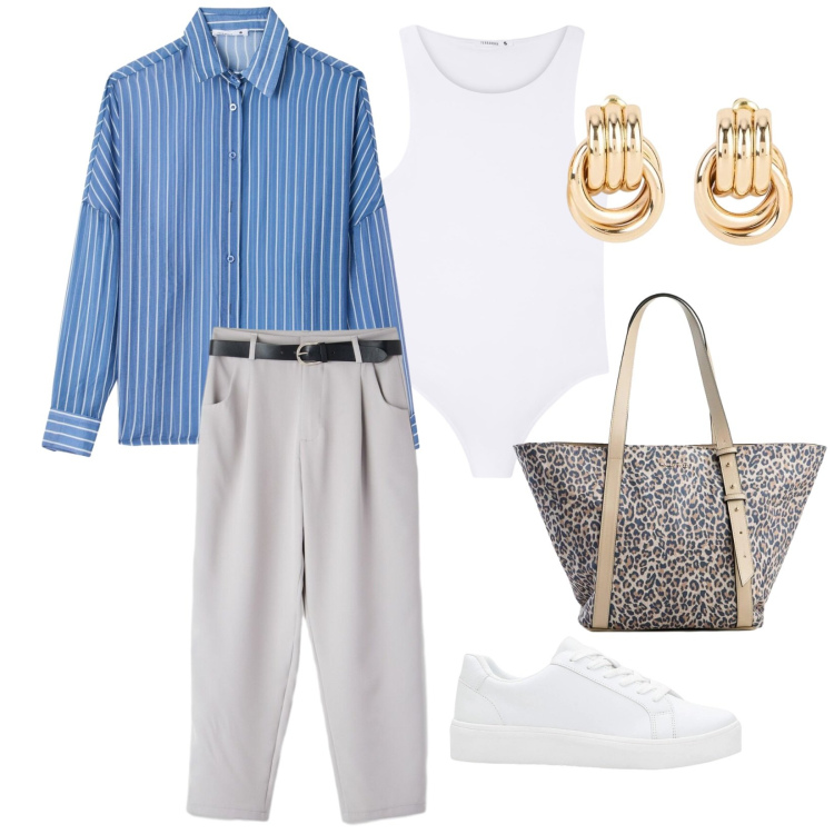 Outfit donna - Visita all\'arte. per Tutti i giorni. Abbinamento con sneakers, orecchini, shopping bag, top, camicie, pantaloni.