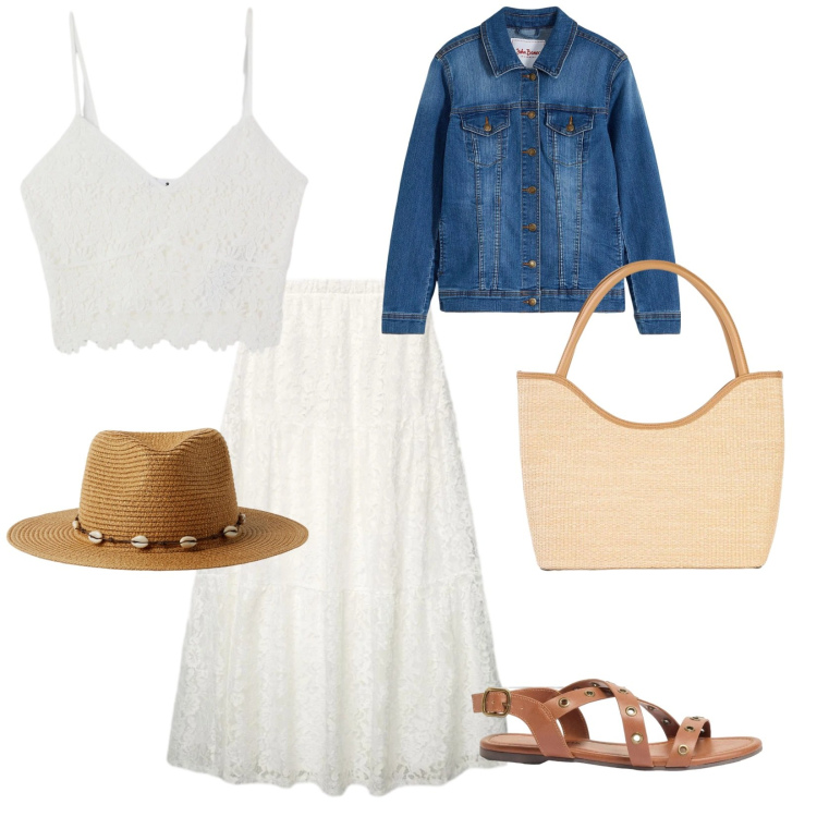 Outfit donna - Pic nic in spiaggia. per Mare. Abbinamento con blazer, sandali, shopping bag, top, cappelli, gonne lunghe.