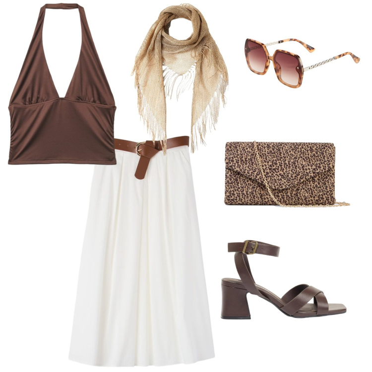 Outfit donna - Pranzo vista mare. per Mare. Abbinamento con occhiali da sole, sandali col tacco, clutch, top, gonne longuette, canottiere.