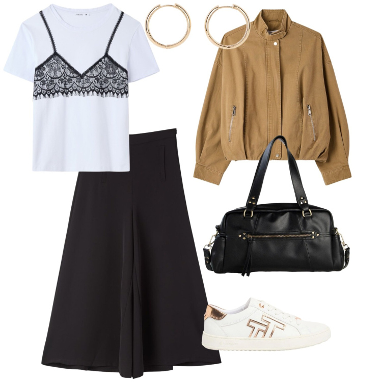 Outfit donna - Urban primo maggio. per Tutti i giorni. Abbinamento con borse a mano, orecchini, sneakers, bomber, pantaloni, t-shirt.