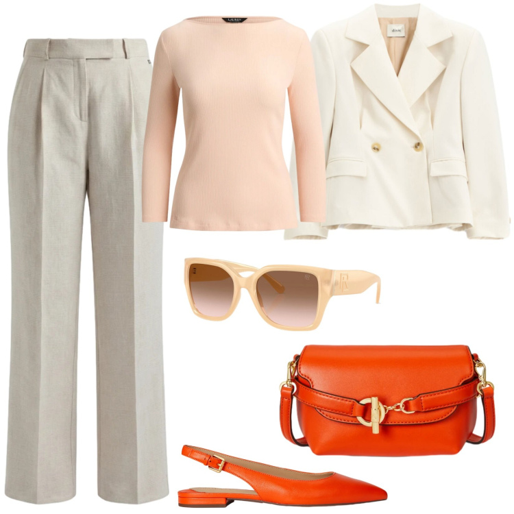 Outfit donna - Maggio. Stile Basic per Tutti i giorni. Abbinamento con pantaloni, blazer, occhiali da sole, borse a tracolla, ballerine, t-shirt.
