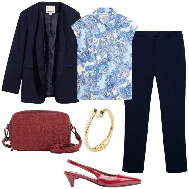 Outfit donna - Total look #2391486. Stile Casual per Ufficio. Abbinamento con braccialetti, blazer, borse a tracolla, camicie a manica corta, décolleté, pantaloni skinny.