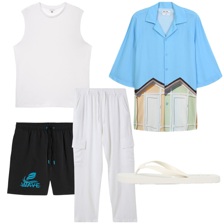 Outfit uomo - Anticipi d\'estate. Stile Casual per Mare. Abbinamento con costumi, pantaloni cargo, camicie a manica corta, sandali, canottiere.