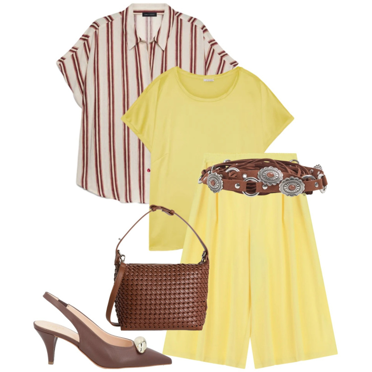 Outfit donna - Total look #2391498. Stile Chic per Tutti i giorni. Abbinamento con décolleté, cinture, t-shirt, camicie a manica corta, pantaloni a palazzo, borse a spalla.