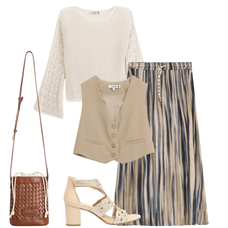 Outfit donna - Total look #2391503. Stile Minimal per Tutti i giorni. Abbinamento con sandali col tacco, gonne lunghe, maglieria, gilet, borse a secchiello.