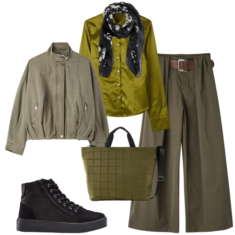 Outfit donna - City. Stile Casual chic per Tutti i giorni. Abbinamento con sneakers alte, shopping bag, foulard, pantaloni, camicie, bomber.