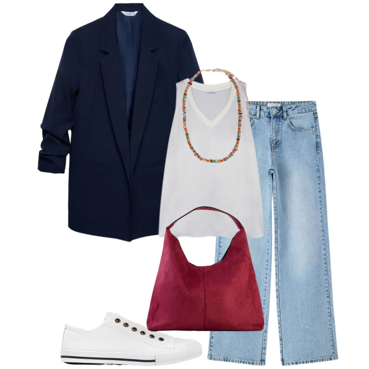 Outfit donna - Tutti i giorni. Stile Casual per Tutti i giorni. Abbinamento con sneakers, borse a spalla, jeans dritti, blazer, top, collane.