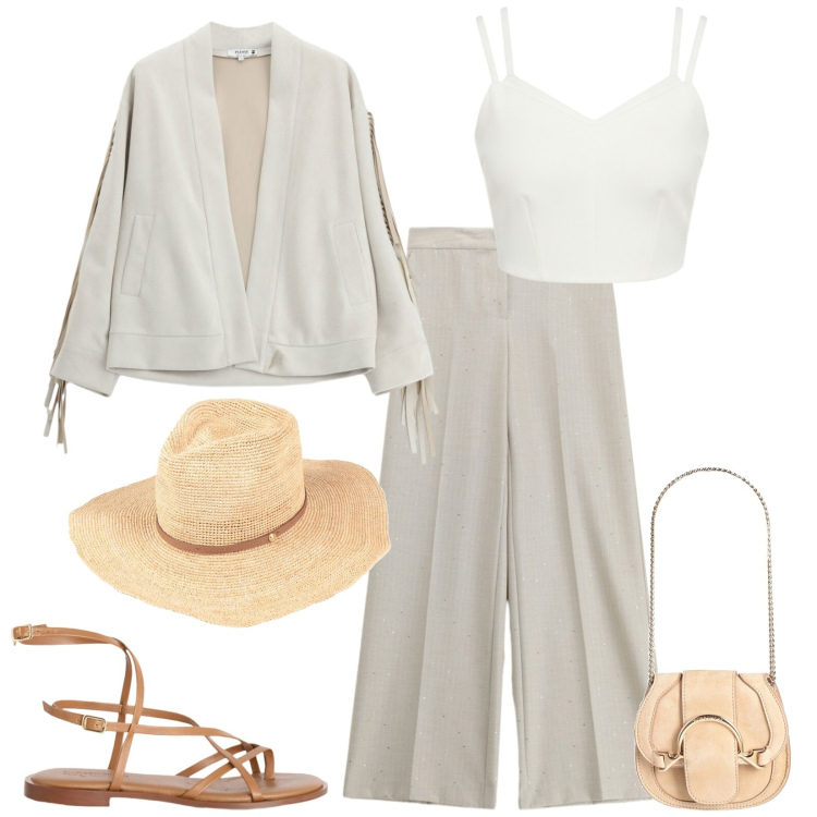 Outfit donna - Total look #2391514. Stile Chic per Tutti i giorni. Abbinamento con marsupi, cappelli, blazer, pantaloni a palazzo, sandali in pelle, top.