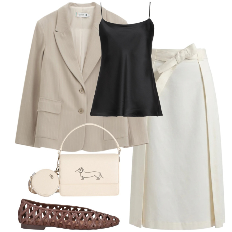 Outfit donna - Neutral tones. Stile Casual chic per Tutti i giorni. Abbinamento con ballerine, top, blazer, borse a tracolla, gonne longuette.