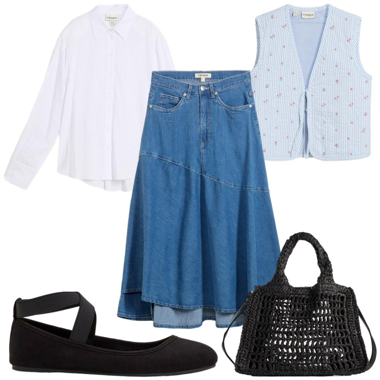 Outfit donna - bonprix Boho Spring Vibes: denim. Stile Boho per Tutti i giorni. Abbinamento con gilet, gonne longuette, ballerine, camicie, borse a tracolla.
