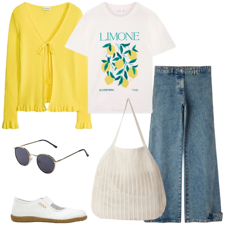 Outfit donna - Voglia d’estate. Stile Casual per Tutti i giorni. Abbinamento con ballerine, occhiali da sole, cardigans, t-shirt, jeans, shopping bag.
