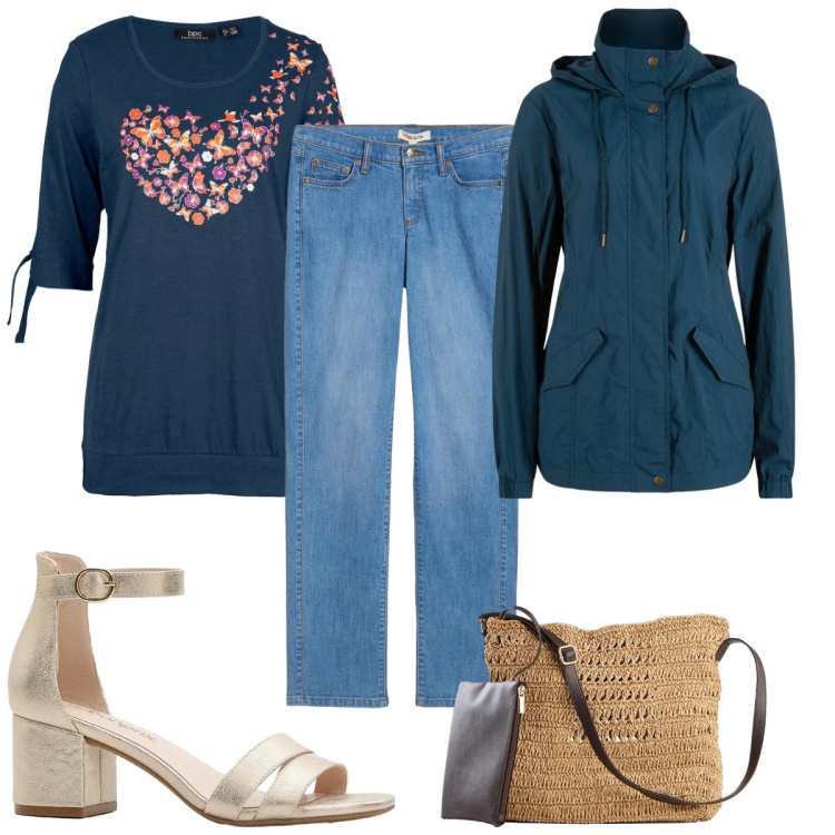Outfit donna - bonprix Boho Spring Vibes: curvy. Stile Boho per Tutti i giorni. Abbinamento con blazer, maglieria, borse a tracolla, sandali col tacco, jeans dritti.