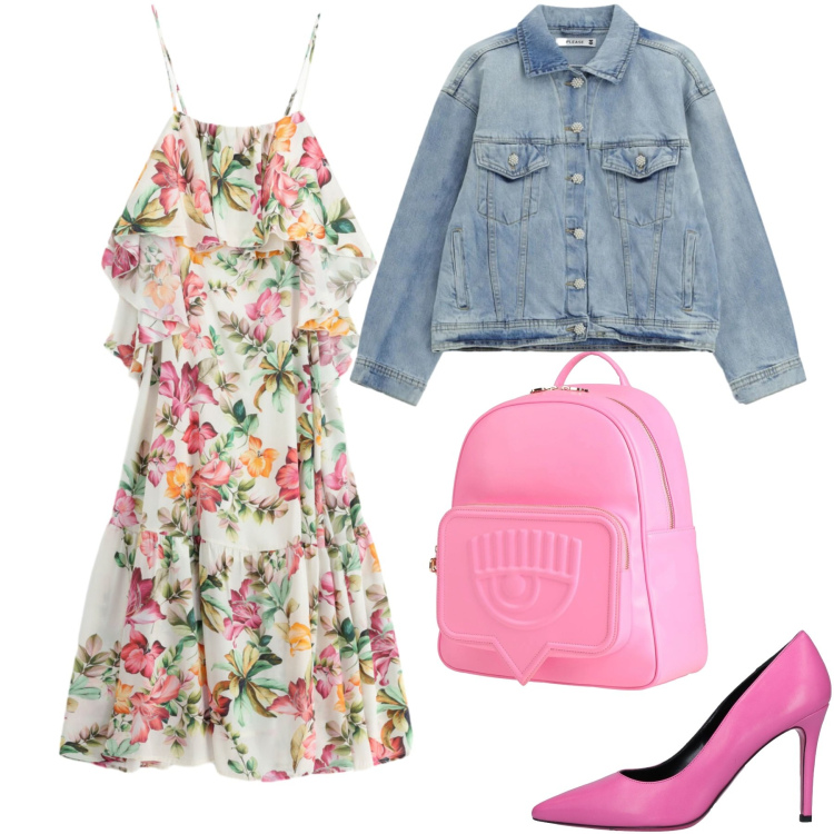 Outfit donna - Fiori e denim. Stile Romantica per Tutti i giorni. Abbinamento con décolleté, zaini, blazer, vestiti lunghi.