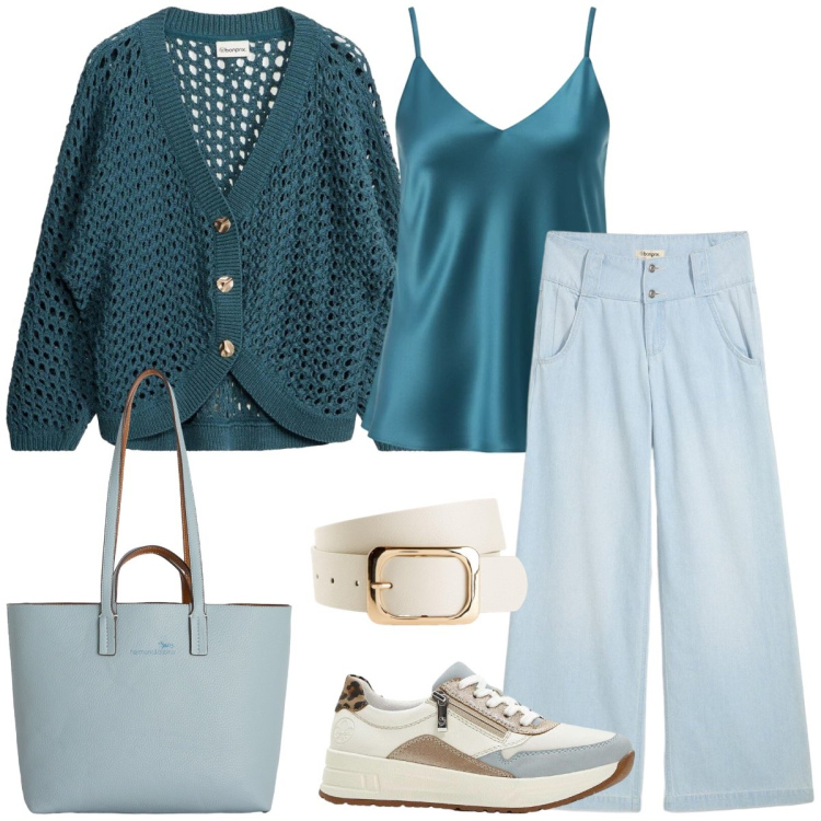 Outfit donna - Passeggiata. Stile Casual per Tutti i giorni. Abbinamento con cinture, sneakers, cardigans, jeans, canottiere, shopping bag.