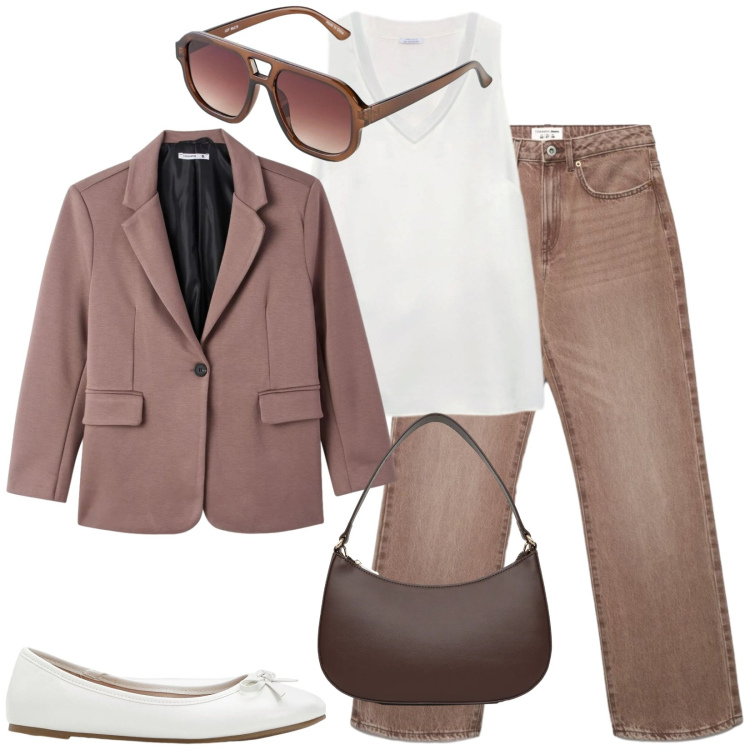 Outfit donna - Total look #2391526. Stile Casual chic per Tutti i giorni. Abbinamento con ballerine, occhiali da sole, jeans dritti, borse a tracolla, blazer, top.