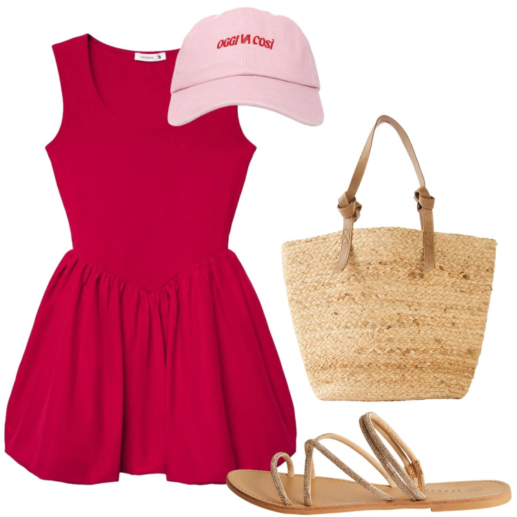 Outfit donna - Quasi estate. Stile Casual per Tutti i giorni. Abbinamento con shopping bag, sandali, vestiti corti, cappelli con visiera.