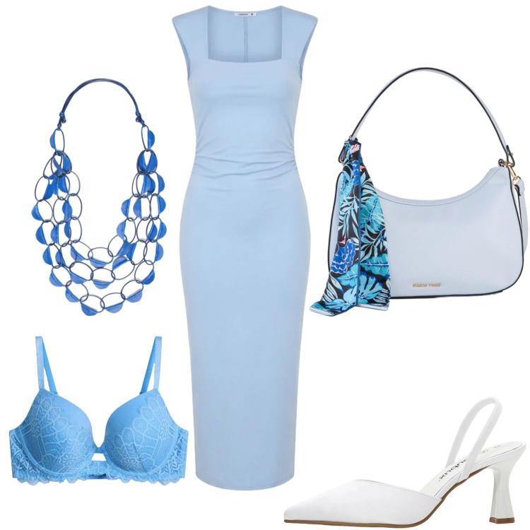 Outfit donna - Come il cielo a primavera. Stile Glamour per Serata fuori. Abbinamento con décolleté, borse a mano, reggiseni, vestiti midi/longuette, collane.