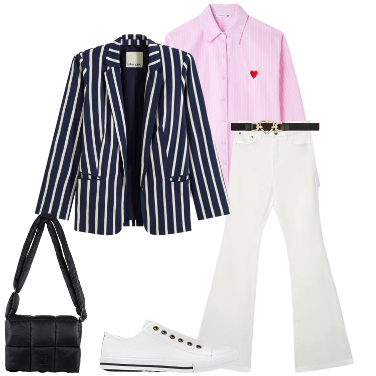 Outfit donna - Total look #2391531. Stile Casual chic per Tutti i giorni. Abbinamento con blazer, sneakers, cinture, jeans a zampa, camicie, borse a spalla.