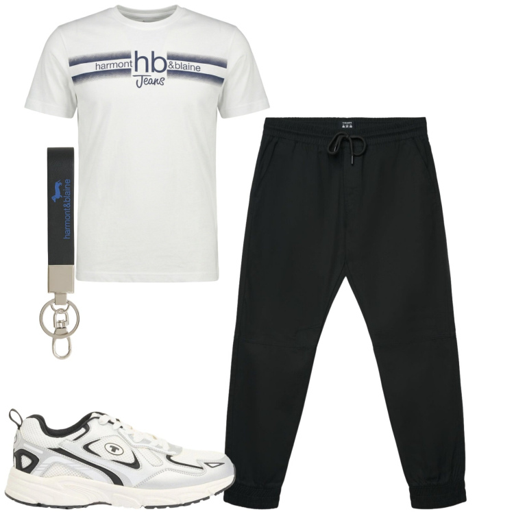 Outfit uomo - City. Stile Casual per Tutti i giorni. Abbinamento con sneakers, pantaloni corti, portachiavi, t-shirt.