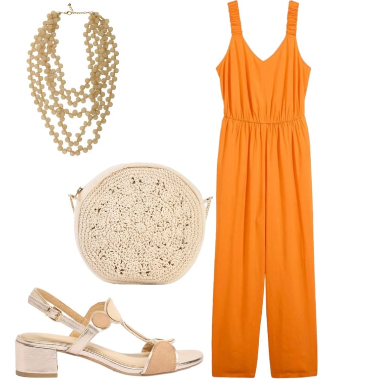 Outfit donna - Salmone per i primi caldi. Stile Bon Ton per Tutti i giorni. Abbinamento con tute, borse a tracolla, sandali col tacco, collane.