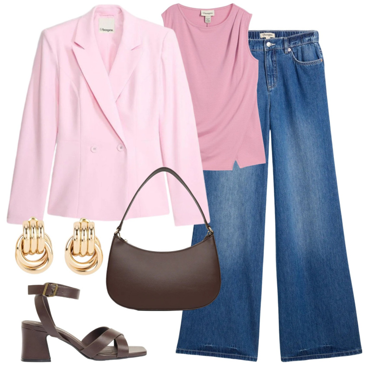 Outfit donna - Total look #2391535. Stile Casual chic per Tutti i giorni. Abbinamento con blazer, jeans, orecchini, top, sandali col tacco, borse a tracolla.