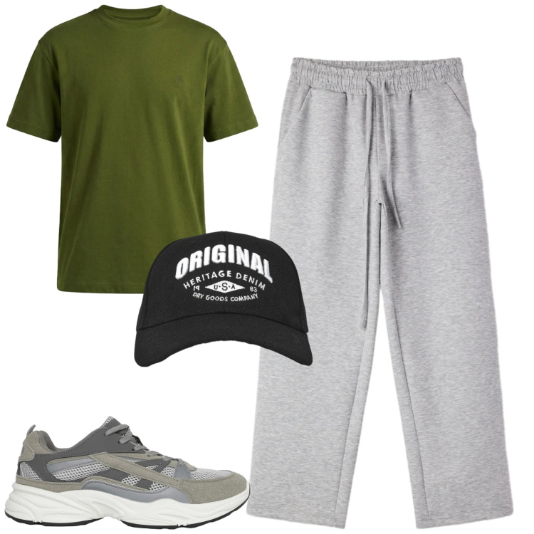 Outfit uomo - Total look #2391539. Stile Casual per Tutti i giorni. Abbinamento con sneakers, cappelli con visiera, pantaloni, t-shirt.