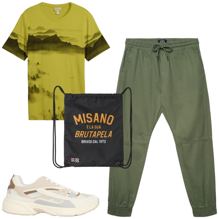 Outfit uomo - Total look #2391540. Stile Casual per Tutti i giorni. Abbinamento con t-shirt, borse sportive, sneakers, pantaloni.