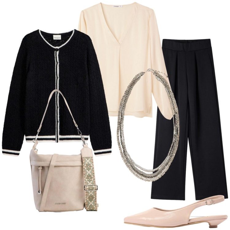 Outfit donna - Total look #2391545. Stile Casual chic per Ufficio. Abbinamento con cardigans, borse a tracolla, sandali, pantaloni, bluse, collane.