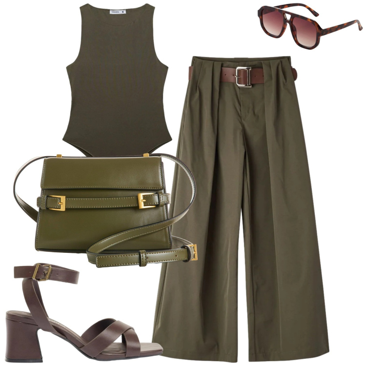 Outfit donna - Total look #2391548. Stile Casual chic per Tutti i giorni. Abbinamento con occhiali da sole, borse a tracolla, sandali col tacco, top, pantaloni.