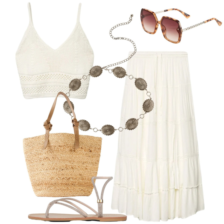 Outfit donna - Al mare. Stile Casual chic per Mare. Abbinamento con occhiali da sole, shopping bag, cinture, gonne lunghe, sandali, top.